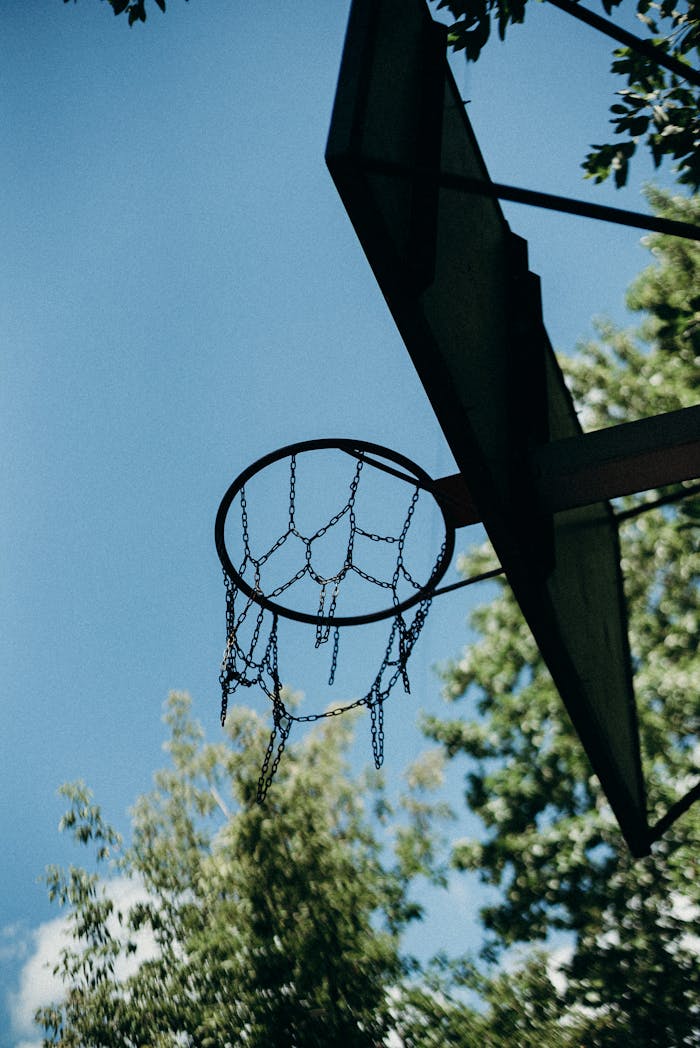 Home Basketball hoop with chain net in outdoor park, captured from a low-angle on a sunny day.